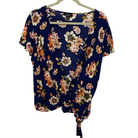 ALYX Blue Floral Wrap Crop Top Women Size XL Flutter Sleeve Crinkle Rayon V Neck - Picture 1 of 14
